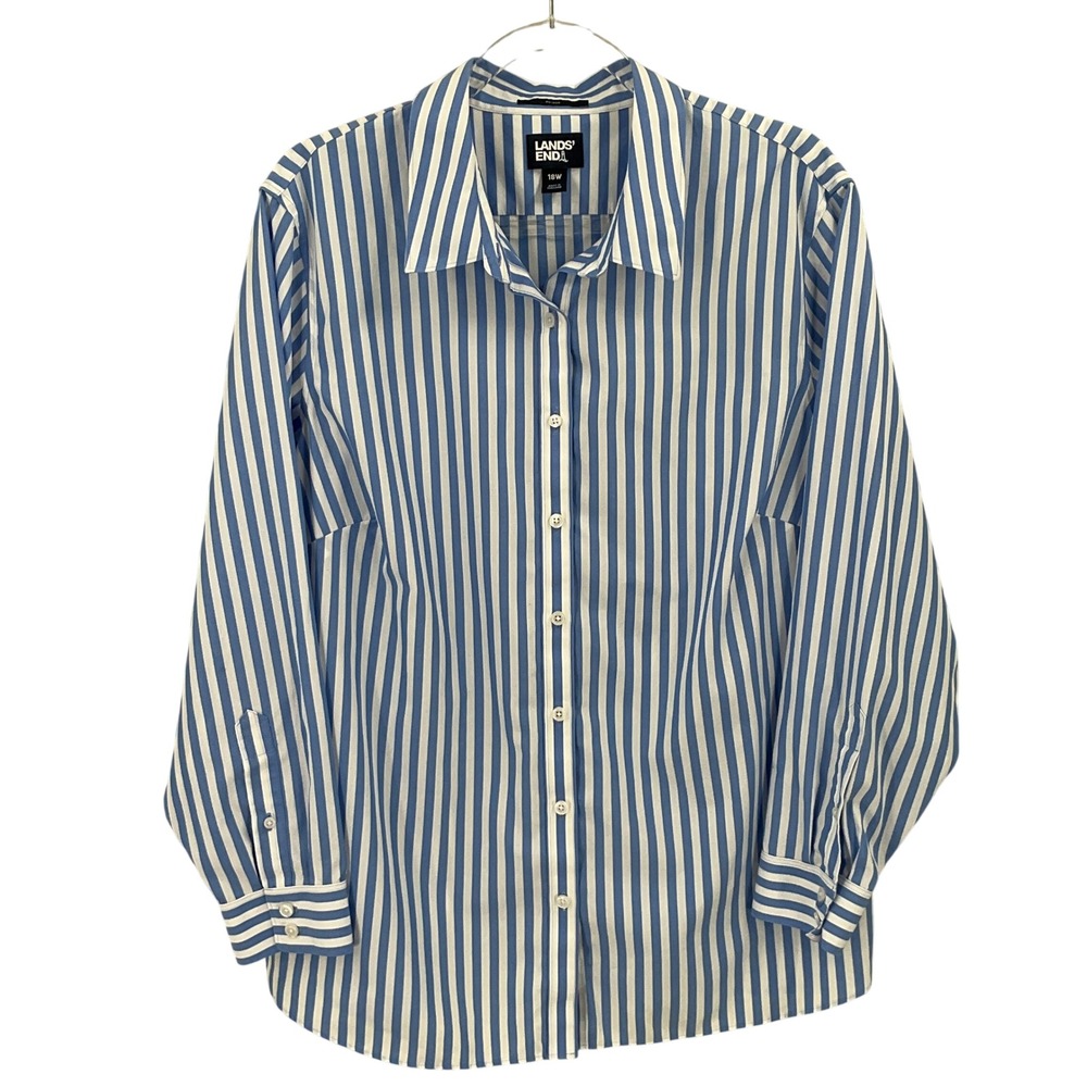 Lands End Button Down Shirt Women 18W Blue White Striped Classic Preppy Coastal